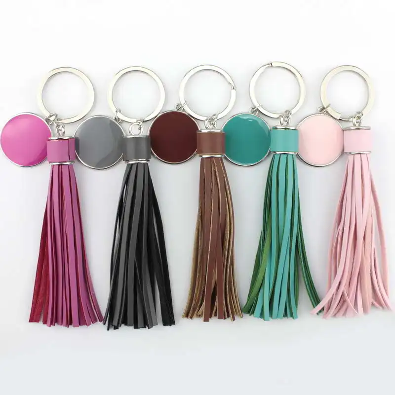 Personalized Monogram Enamel Disc Leather Tassel Keychains for Women Bag Key Rings Accessories