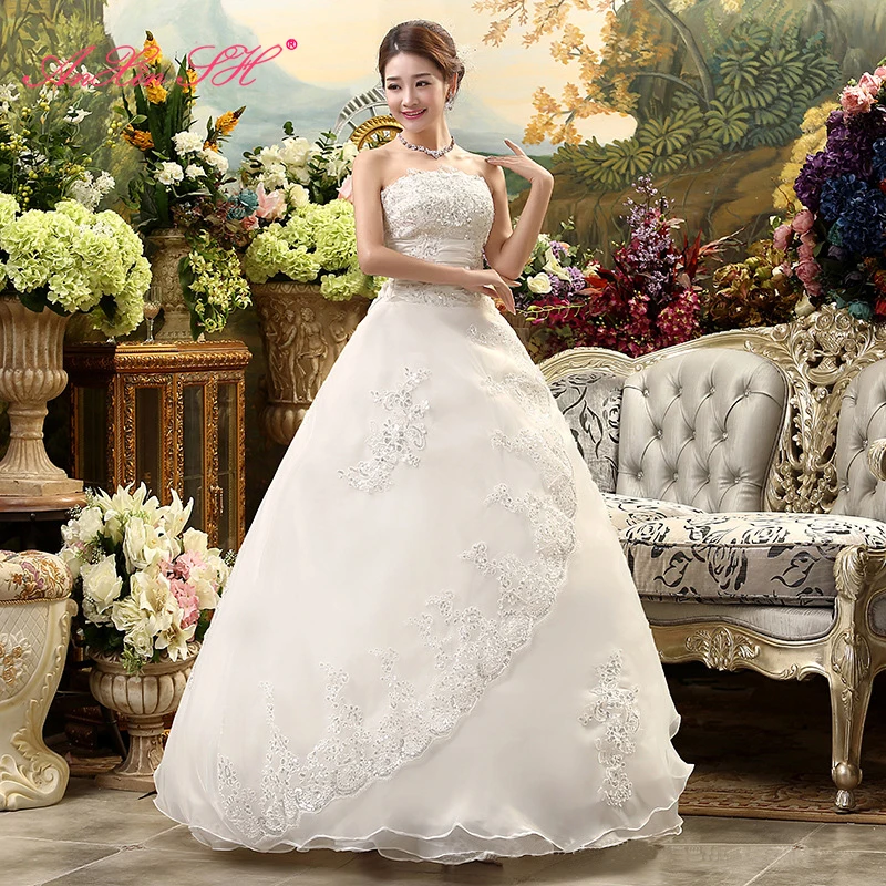 AnXin SH flower lace white vintage strapless beading crystal sleeveless ball gown white lace up customized wedding dress