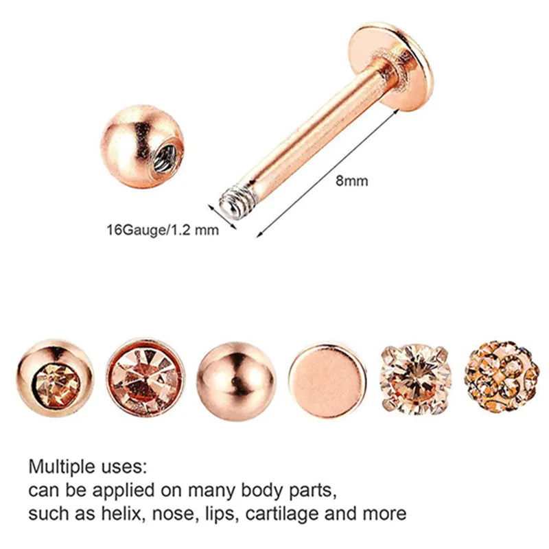 12PCS Stainless Steel Labret Piercing 16G Lip Ring Crystal Lip Helix Piercing Tragus Earring Cartilage Stud Body Pircing Jewelry