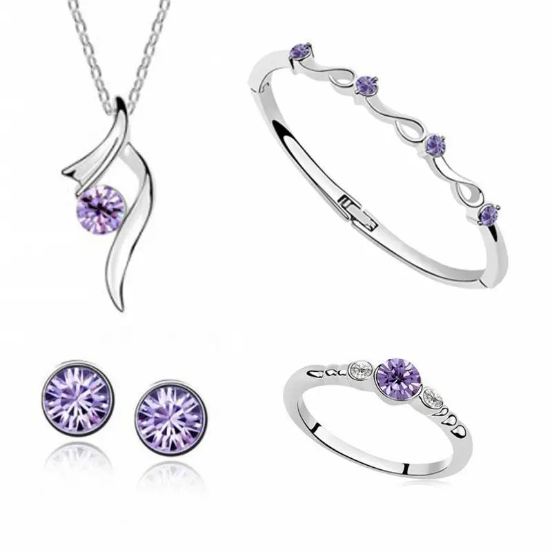 Women's Birthday Gift Wedding Jewelry Set Fashion 925 Sterling Silver Explosion Purple Crystal 4 Piece Set Free Shipping s002