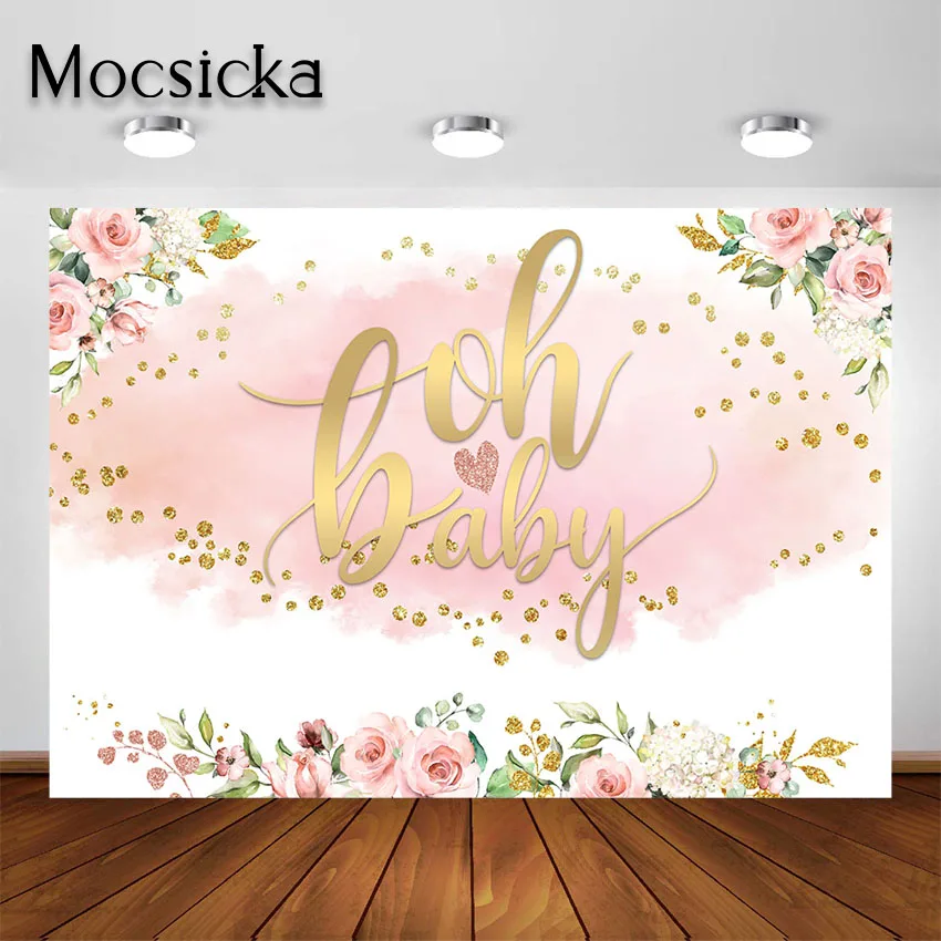 Moclicka Blush Pink Floral Oh latar belakang bayi Blush Rose Gold Girl Baby Shower pesta dekorasi latar belakang foto untuk pemotretan