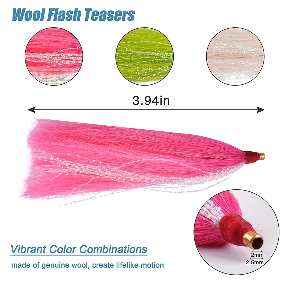 12PCS Bucktail Teaser Jig Fishing Lures Slip Flash line Skirt Bait Rigs Fishing Hooks Teaser bait Kit DIY lure Fishing Tackle