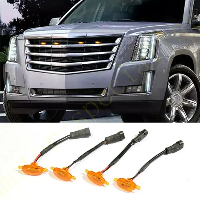 

LED Car Front Grille LED Amber Light Raptor Style Light Kit Decor W/ Wire Speed 4Pcs For Cadillac Escalade 2012-2015