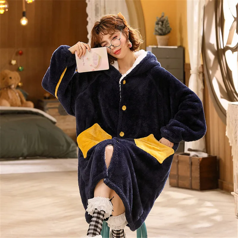 Kupokasi Winter Sleepwear Warm Thicken Flannel Long Sleeve Nightgown Woman Cute Cartoon Panda Robe Homewear