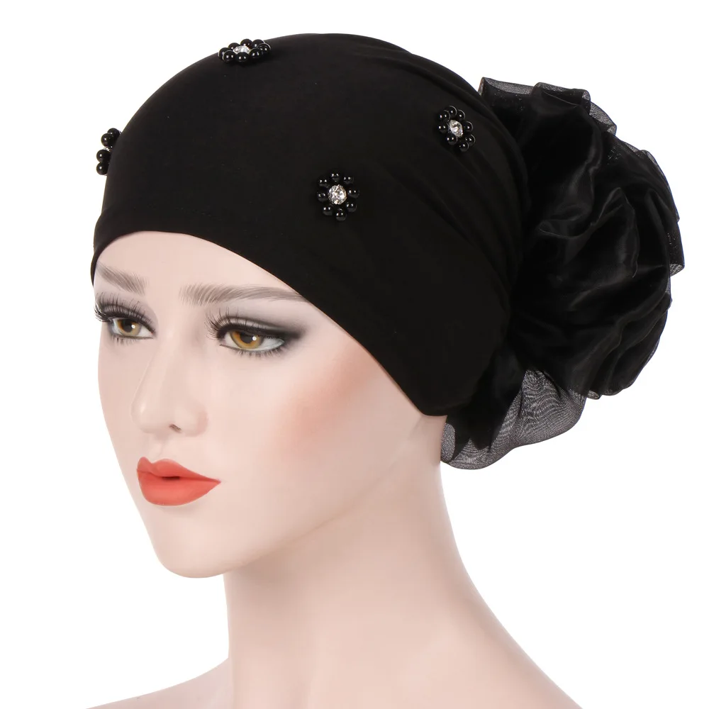 Muslim Women Solid Bead Cotton Big Flower Turban Hat Cancer Chemo Beanies Caps Headwear Headwrap Hijab Hair Accessories