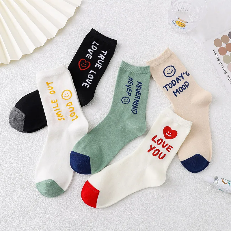 

Spring Letters Thin Socks Couple Cotton Smile Long Socks Women Men's Socks 5 Pairs calcetines hombre ropa mujer Free shipping