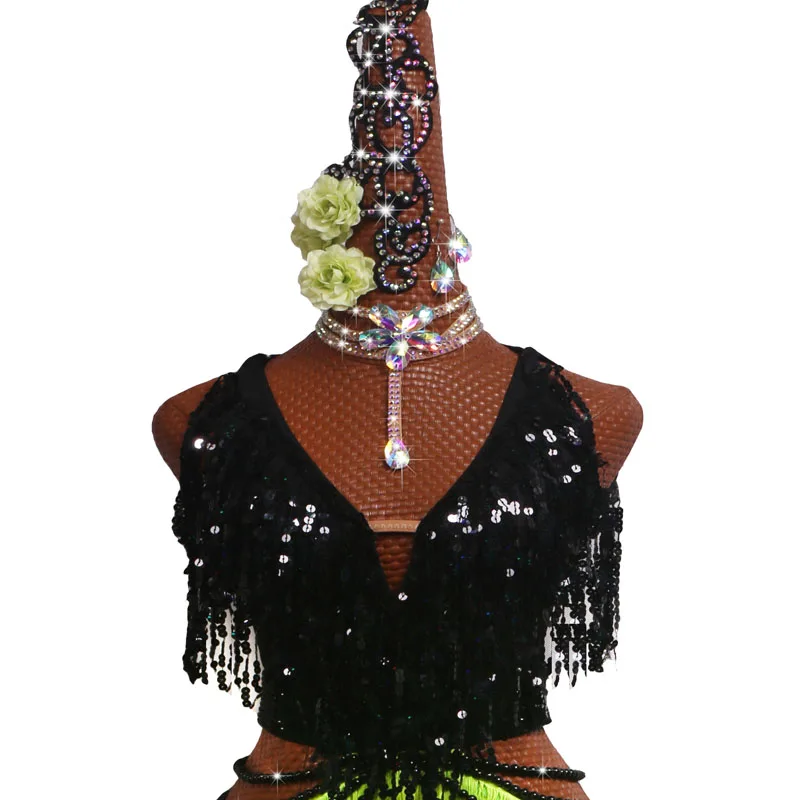 Jupe de Concours de brevLatine, Costume de Spectacle, Robe Fluorescente, Vert, Noir, Paillettes, Frange, Perle