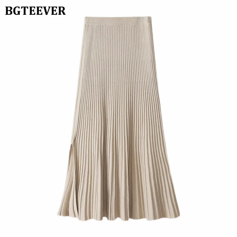 BGTEEVER Casual Elastic High Waist Female Knitted Midi Skirts 2021 Autumn Winter Loose Side Split Women Sweaters Pleated Skirts