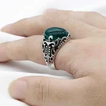 Skutečný 925 Sterling Silver Aqeeq prsten pro muže zelený přírodní achát kamenné šperky vintage dárek pro ženy mužský turecký dutý designový prsten 6 nejlepší prodej prsten aqeeq - №1