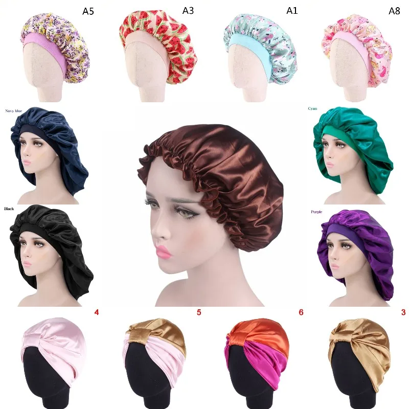 Cappello da notte per donna cappello da notte regola berretto in raso cappellino per lo Styling dei capelli cura dei capelli lunghi 29 stili testa di seta avvolgere cuffia da doccia strumenti per lo Styling dei capelli