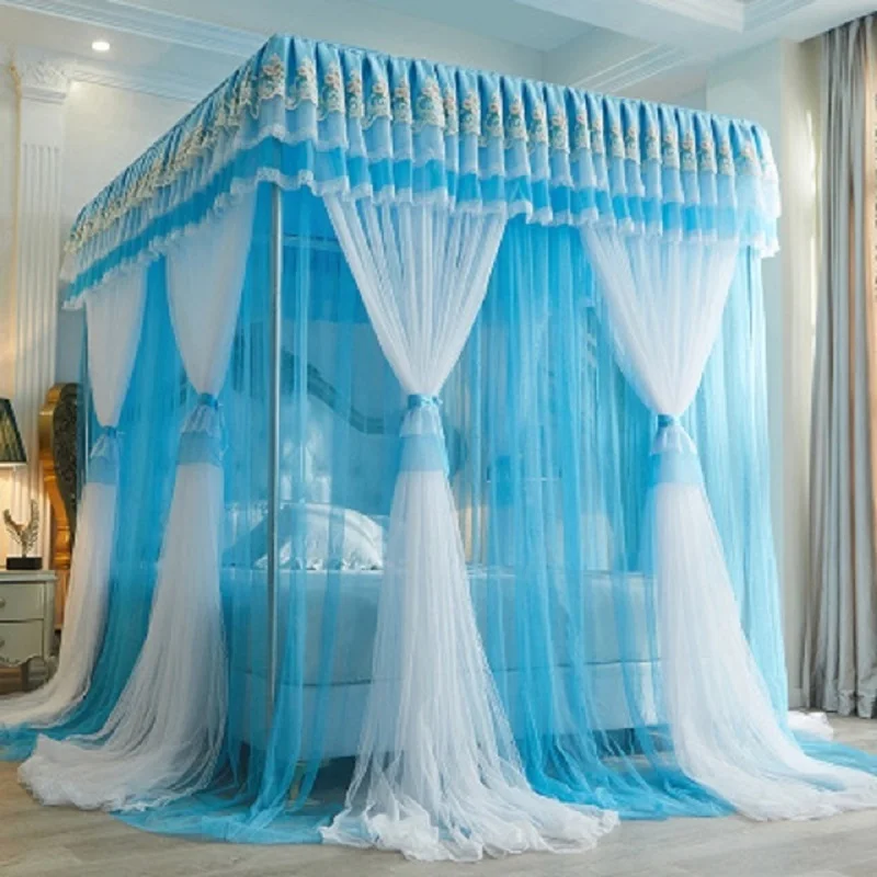 Sky Blue Palace Mosquito Net Queen Bed Princess Thickened Double-layer Dust-proof Top Shading King Bed Curtain Without Bracket