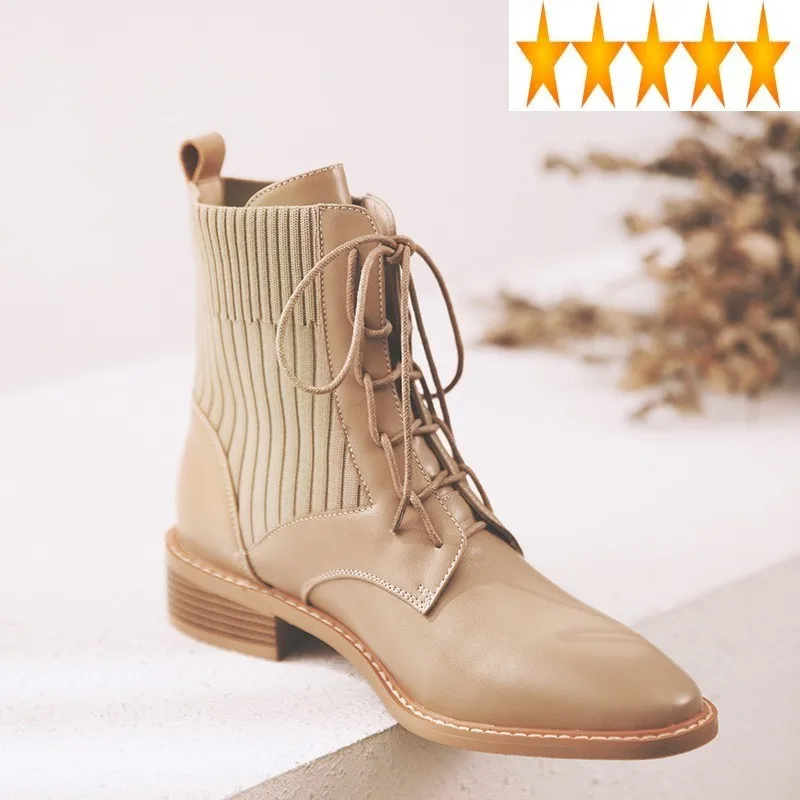 

Autumn Women New Spring Round Toe Lace Up Genuine Leather Knitting Fashion High Top Shoes Female Brand Cowhide Ankle Boots