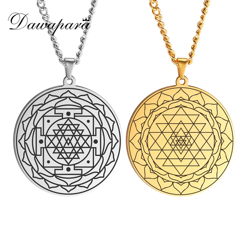 Dawapara Sri Yantra Mandala Sacred Geometry Pendant Necklace Chakra Energy Necklace Meditation Spiritual Jewelry Stainless Steel