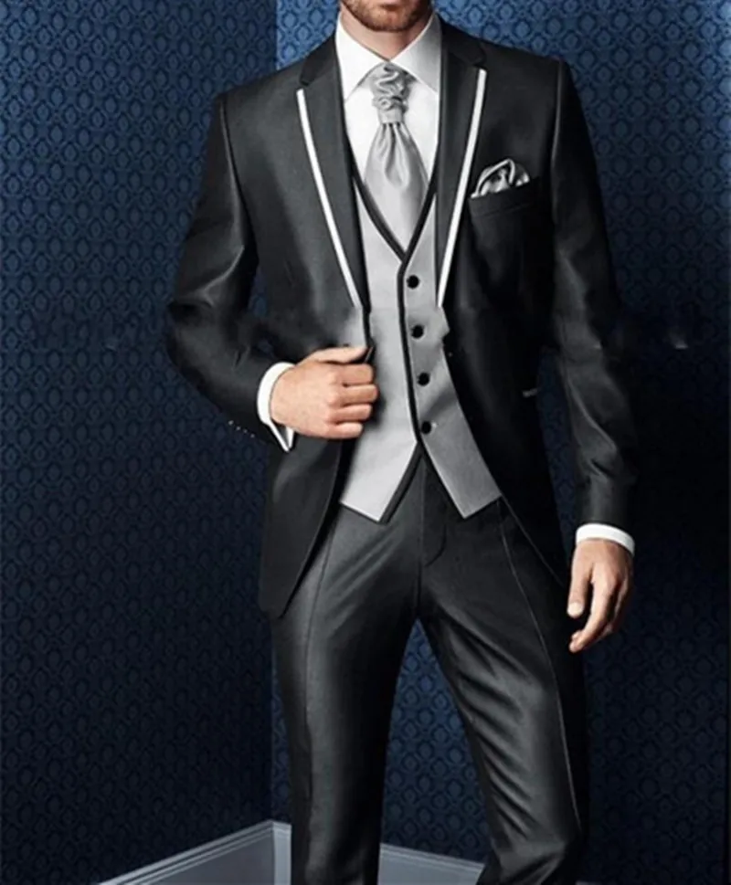 Mens Suit Shiny Black Notch Lapel Prom Set Wedding Groom Tuxedos Blazer Jackets Vest Pants 3 Pieces Party Costume Homme 2022