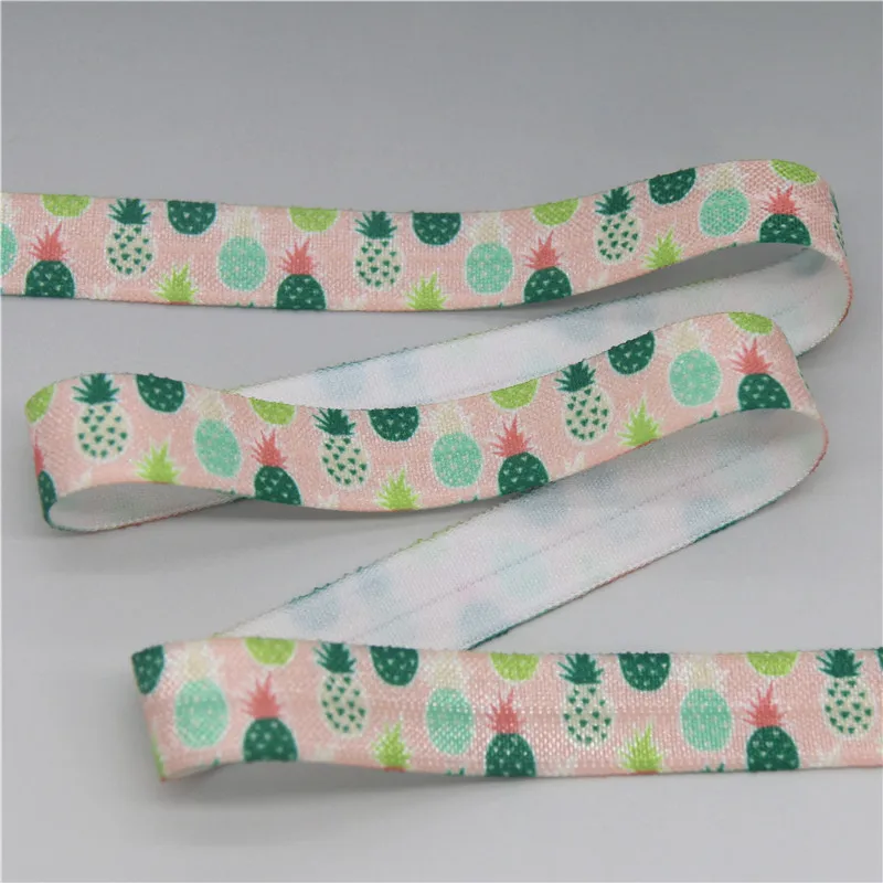 DHK 5/8'' 5yards Strawberry Pineapple Printed Fold Elastic FOE Stretch Ribbon Hairbow Headwear Headband DIY OEM C1925