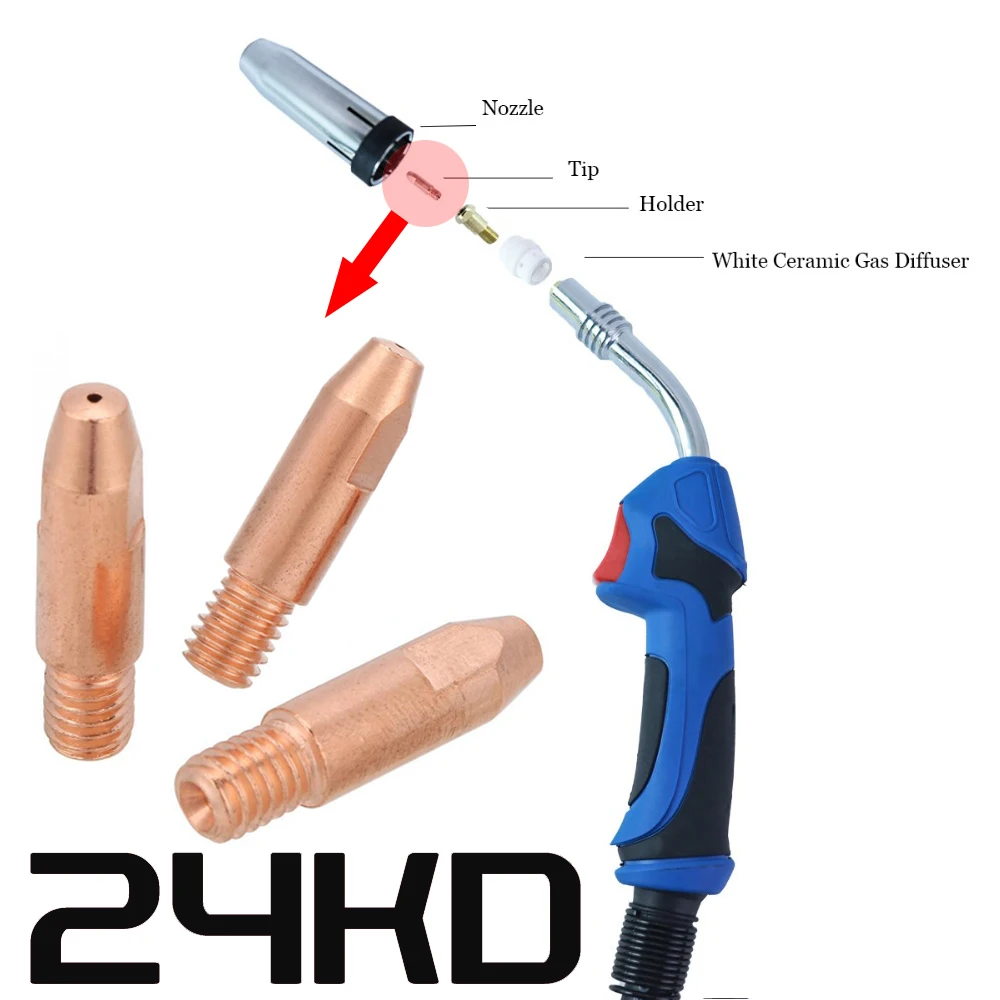 24KD 0.8/0.9/1.0/1.2mm M6*28mm Copper Contact Tips Welding Nozzles for 24KD MIG/MAG Welding Torch Tip M6 For Binzel Gas Nozzle