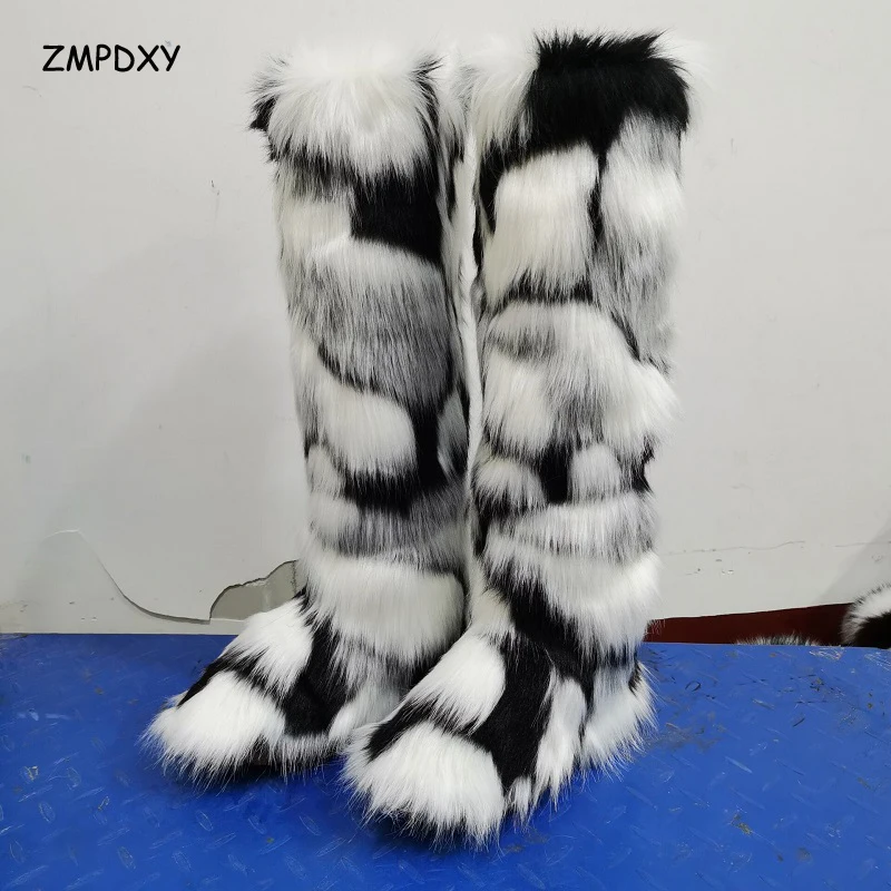 New Designer Winter Women High Tube Boots Warm Fluffy Fake Fur Snow Boots Ladies Colorful Cotton Shoes Plush Furry Snow Boots