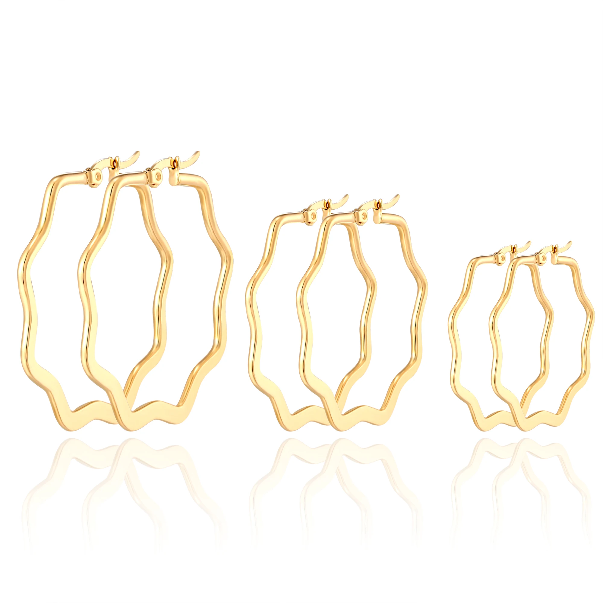 European and American earrings Stainless steel golden plum blossom geometric big ear hoop coil earrings woman‘s simple earrings