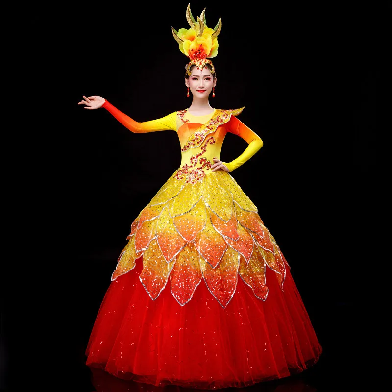 Yellow Red Dance Dress For Women New Year Festival Clothes Sequin Dance Performance Costume Long Sleeve