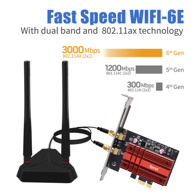 Fenvi Wi-Fi 6E AX210 3000Mbps PCIe Wireless Network Wi-Fi Wlan Adapter 2.4G/5G/6Ghz 802.11AX Bluetooth 5.3 Card Windows 10/11