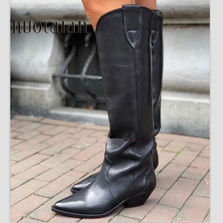 2021 Western boots black Leather knee high boots for women pointed toe winter long boots women chunky heels cowboy knight boots