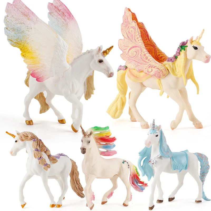 European Myth Unicorn Pegasus Rainbow Horse Unicorn with Wings Fairy Horse Figurine Model Desktops Decoration Kids Gift Toys