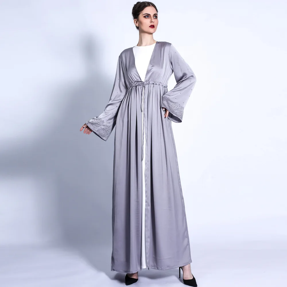 ชุดกิโมโนผ้าซาตินแบบเปิดสไตล์ดูไบ อาบายะตุรกี คาฟตัน ชุดมุสลิมสำหรับผู้หญิง เสื้อคลุมแบบอิสลาม ชุดสำหรับวันอีดและรอมฎอน ชุดคลุมยาวแบบจาลาบียะ