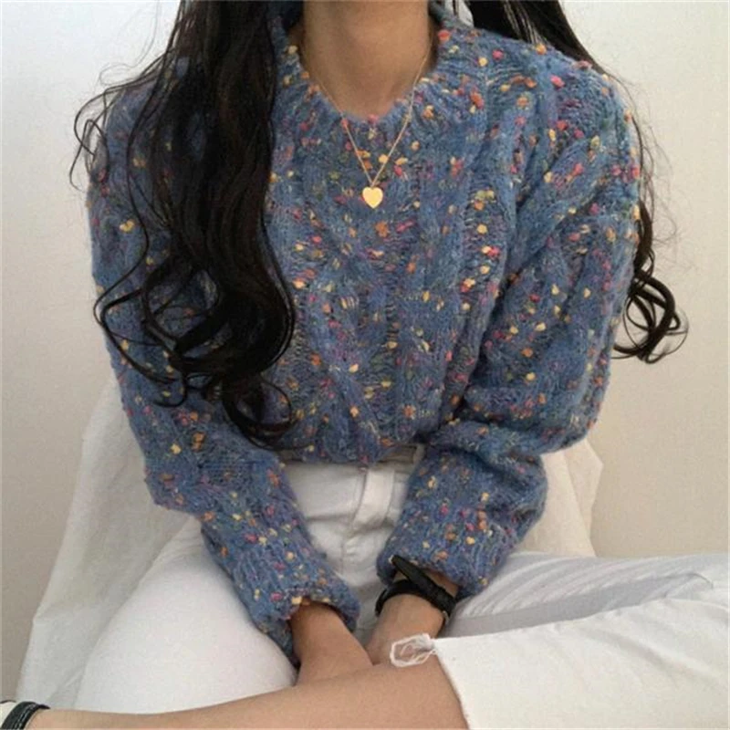 Casual Korean O Neck Sweater Women Print Vintage Sweet Sweater Loose Long Sleeve Chic Streetwear Autumn Sweater Women\'s Clothing