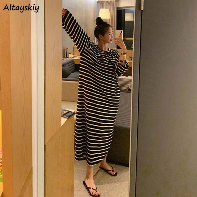 

Nightgowns Women New Spring Striped Lounge Casual Loose Ankle-length Nightdress Simple Female Fashion Tender Harajuku Homewear