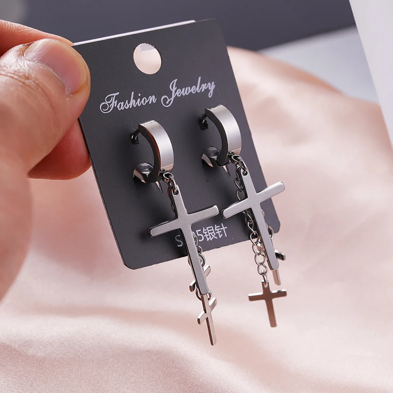 JUWANG 2021 Vintage Cross Pendants Hoop Earrings For Women Men Punk Style Titanium Dangle Earrings Fashion Jewelry Pendientes