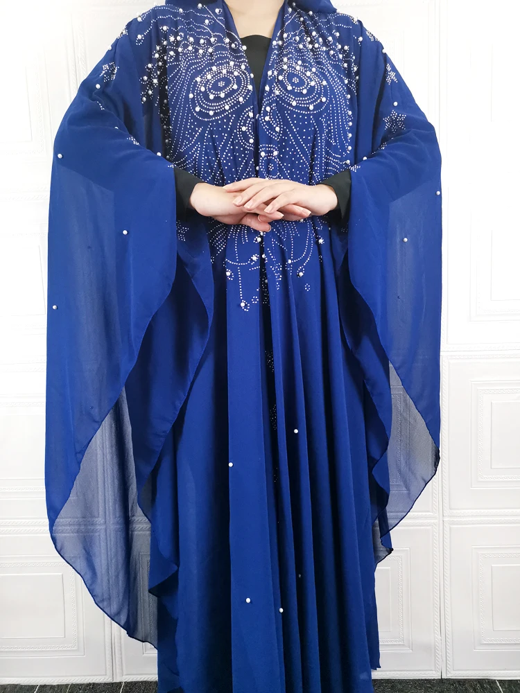 African Fashion Dresses for Women Abaya Turkey New 2022 Dubai Long Robe Islamic Muslim Chiffon Blue Clothing Loose DR-323