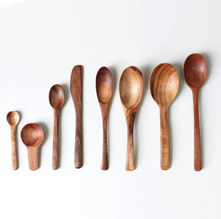 

100pcs Wooden Spoon Eco-friendly Natural Teakwood Long Handle Salad Mixing Spoon Icecream Scoop Tableware Wholesale