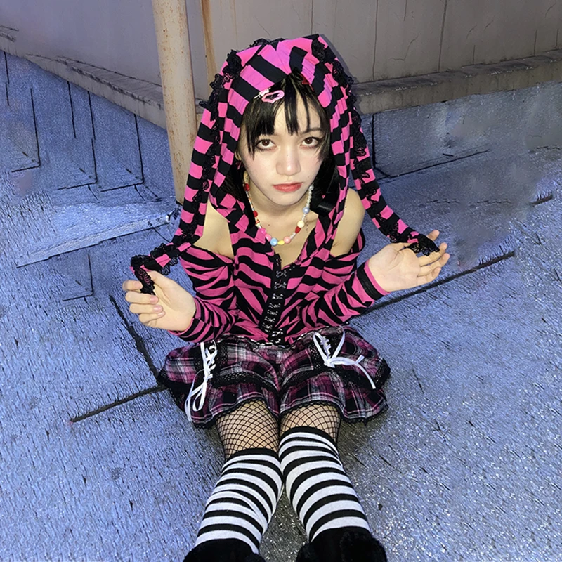 Y2K Pink Black Striped Hoodie Gothic Harajuku Hot Girl Sweet Print T-shirts Long Sleeve Women Cute Rabbit Ears Hooded Mujer