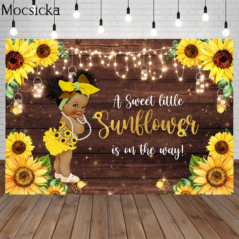 

A Sweet Little Sunflower Is On The Way Backdrop Brown Planks Light Party Decor Banner Child Birthday Photo Background Photocall