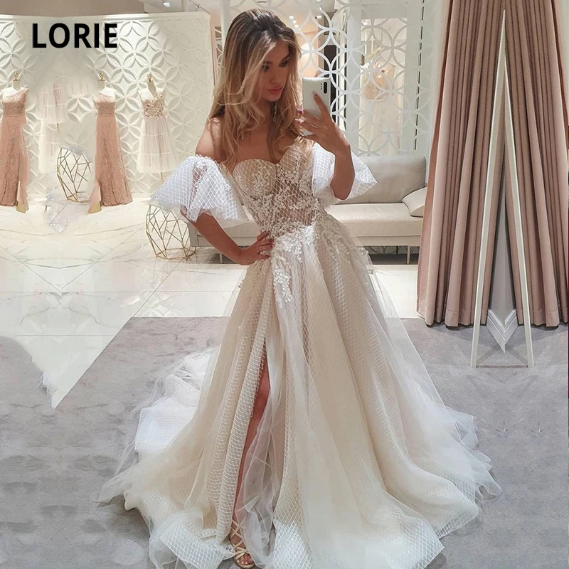 

LORIE Bohemian Wedding Dresses Short Puff Sleeve Appliques Lace Tulle Side Split A-Line Boho Bride Gown 2021 vestidos de novia