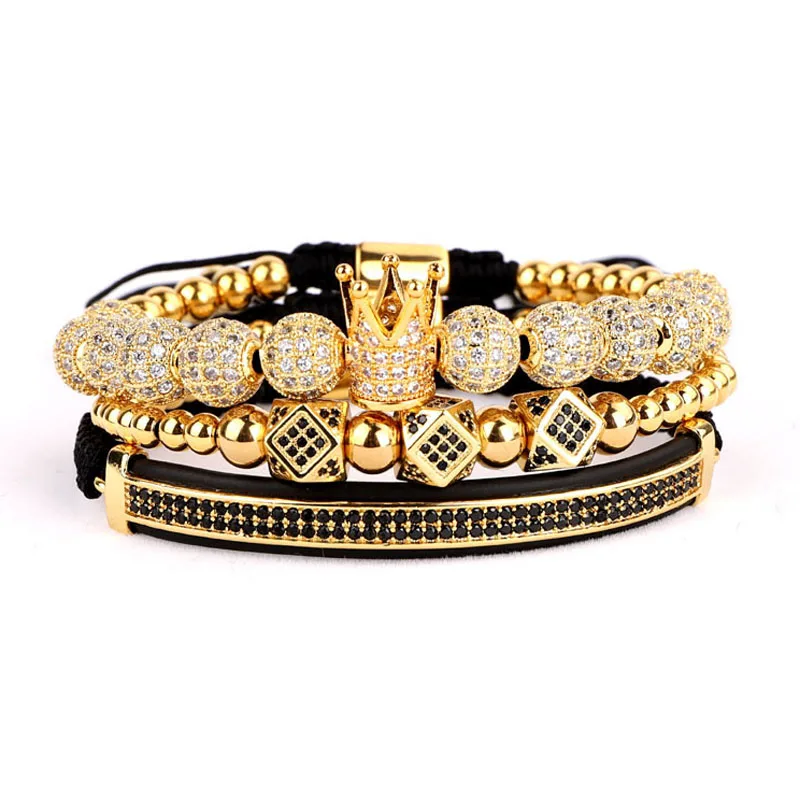 3pc/set Luxury Men Jewelry Bracelets Gold Color CZ Micro Pave Ball Crown Charm Braided Beads Adjustable Bracelet Drop Shipping