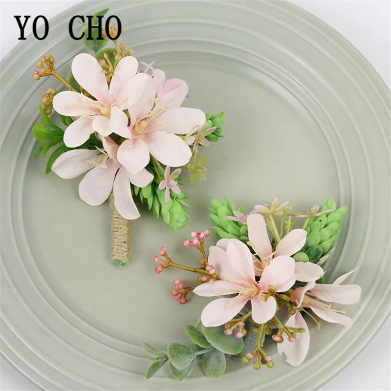 YO CHO Pink Wrist Corsage Bracelet Flowers for Bridesmaids Wedding Corsage Pins Boutonniere Groomsmen Suit Marriage Accessories