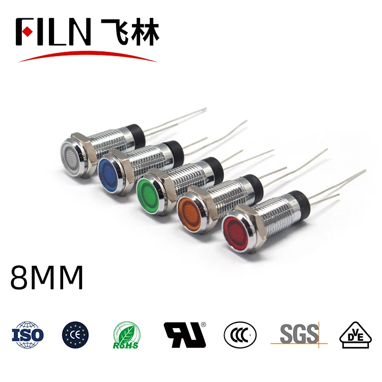 FILN CE  flat head 8mm 12v 24v 110v 220v metal led indicator light kitchen equipment signal lamp without wire