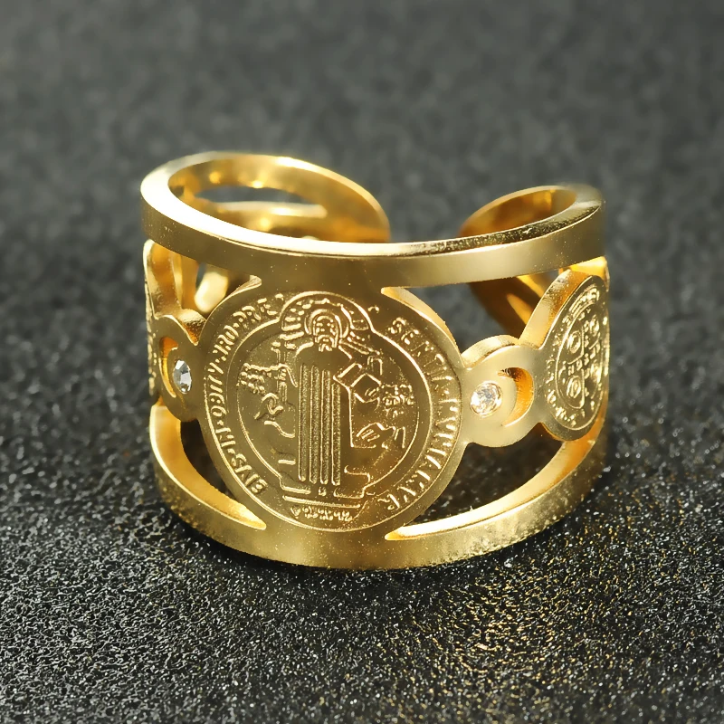 Men\'s Saint Benedict Open Ring Catholic Church Jesus San benito Rings For Women Stainless Steel Jewelry Accessories