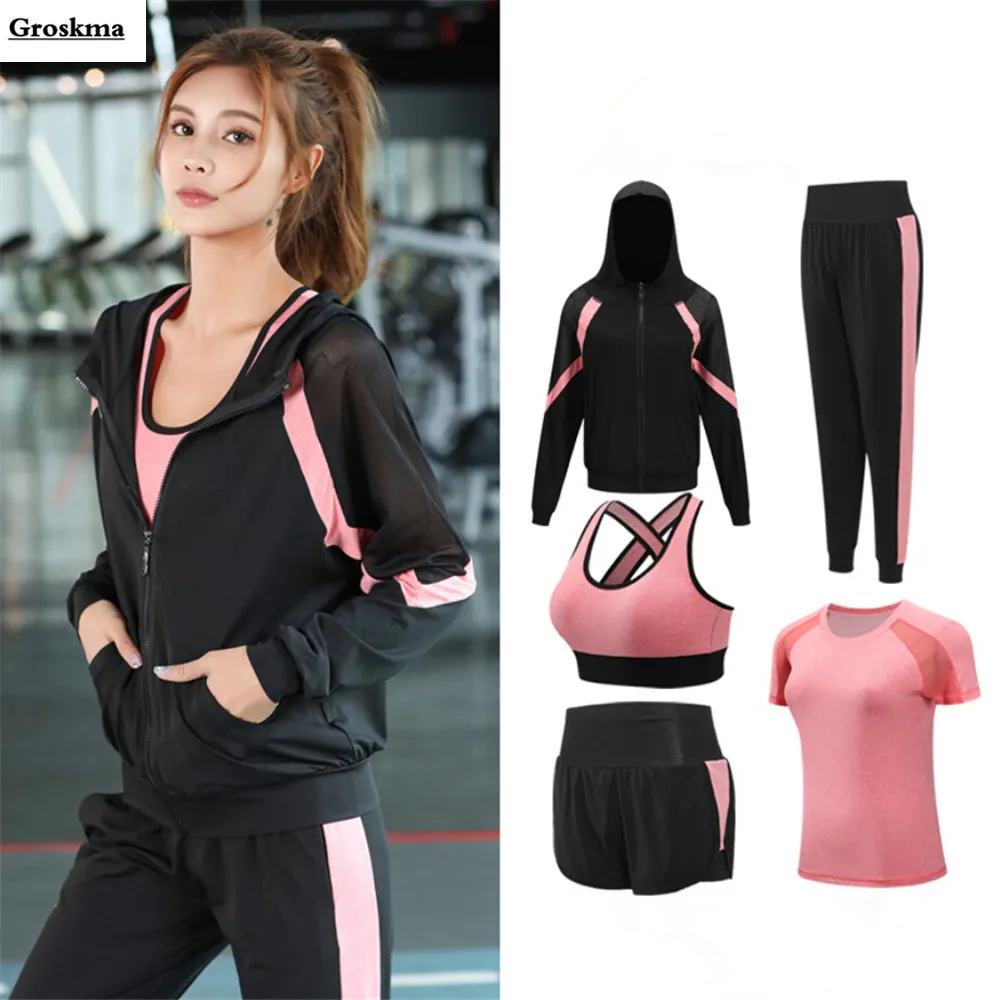 women yoga sportswear clothing set coats+t shirt+bra+shorts+pants fitness gym mesh suit quick dry outdoor running sets