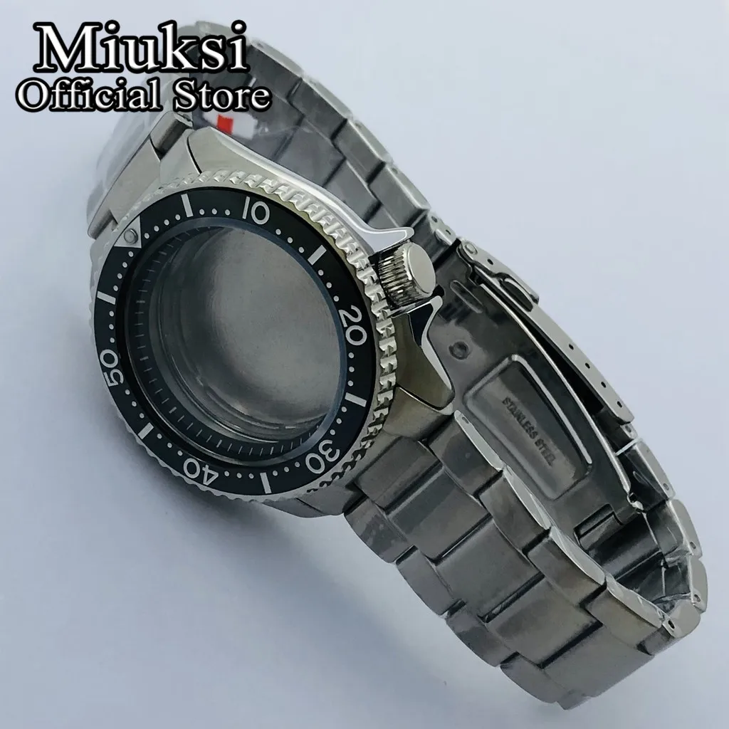 Miuksi 42mm silver sterile watch case sapphire glass Black ceramic bezel black chapter ring fit NH35 NH36 movement