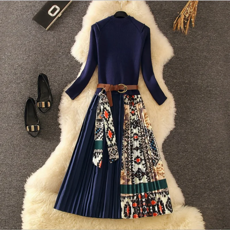 

Women New Fashion Patchwork Print Knitted Dress Female Elegant Long Sleeve Fake Two-piece Set Pleated Dresses with Belt