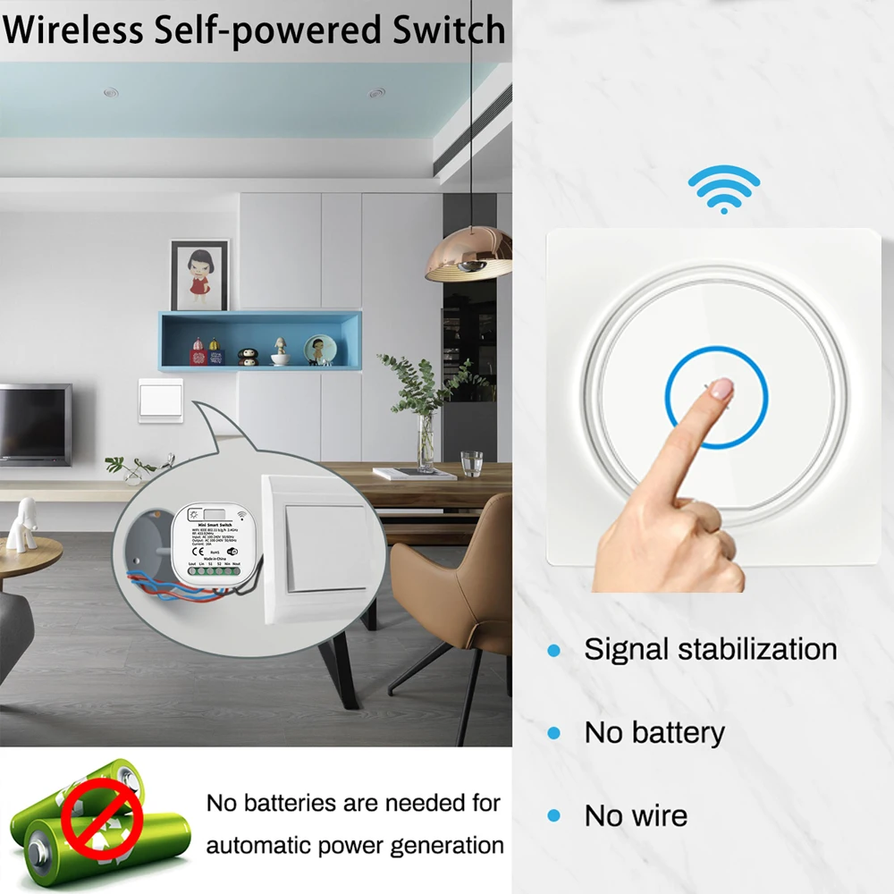 Tuya Smart Home Wifi Mini Light Switch 220V 16A With RF Remote Control Self Power Wall Switch Smart Life With Alexa Google Home