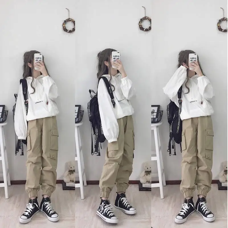 

Women's Two-Piece Suit 2021 Korean Style Loose Clothes Sweater Hooded Top Multi-Pocket Cargo Pants Women's Drawstring Sweatpants