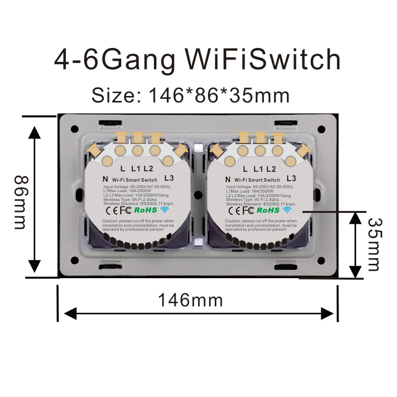 CBE 4/5/6 Gang Smart Wall Touch Switch EU Standard WiFi Switch Tuya EWelink 10A Voice Control for  Alexa, Google Home