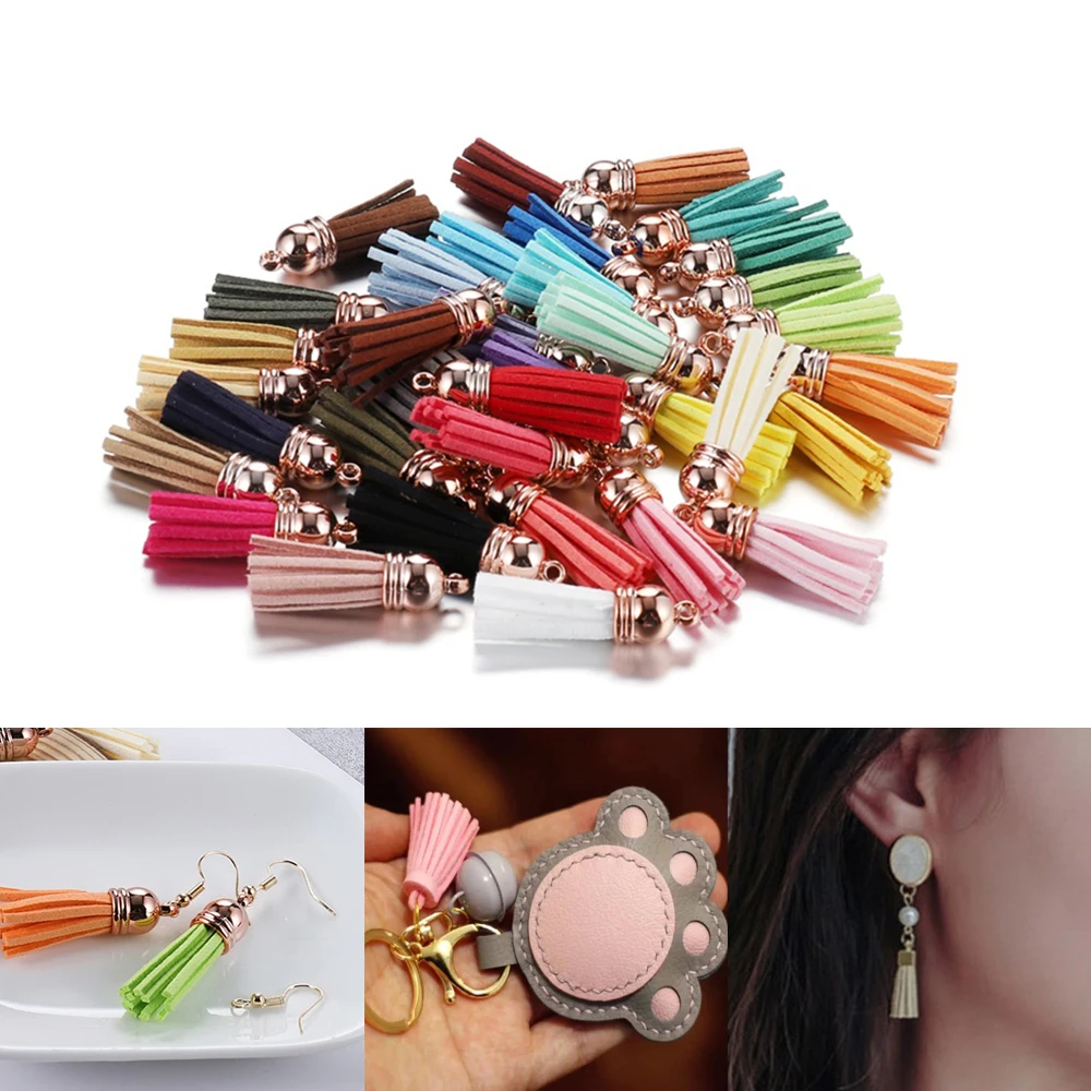 20pcs 38mm Leather Tassel Fringe Keychain Strap Rose Gold Jewelry Fiber Fringe Suede Tassel For DIY Key Chain Jewelry Accessory