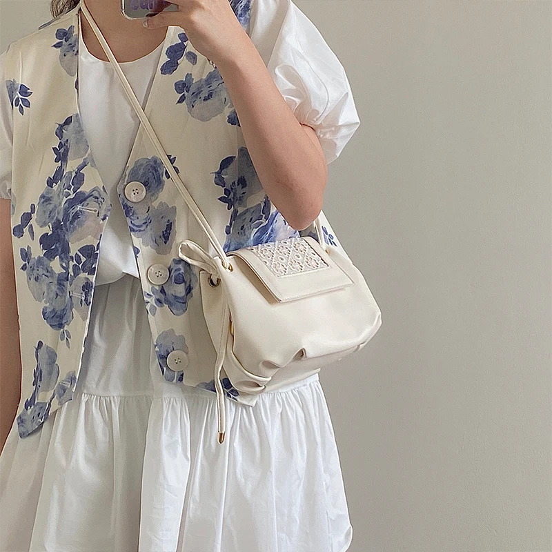 Women White Shoulder Bags Elegant Chic Korean Style Female Daily Crossbody Bag Pleated Underarm Fashion PU Leather All-match Ins