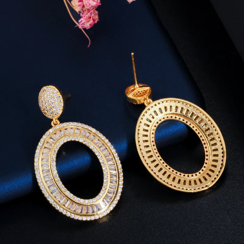 CWWZircons Full Cubic Zirconia Paved Glitter Yellow Gold Color Round Dangle Drop Earrings for Women Bridal Wedding Jewelry CZ598