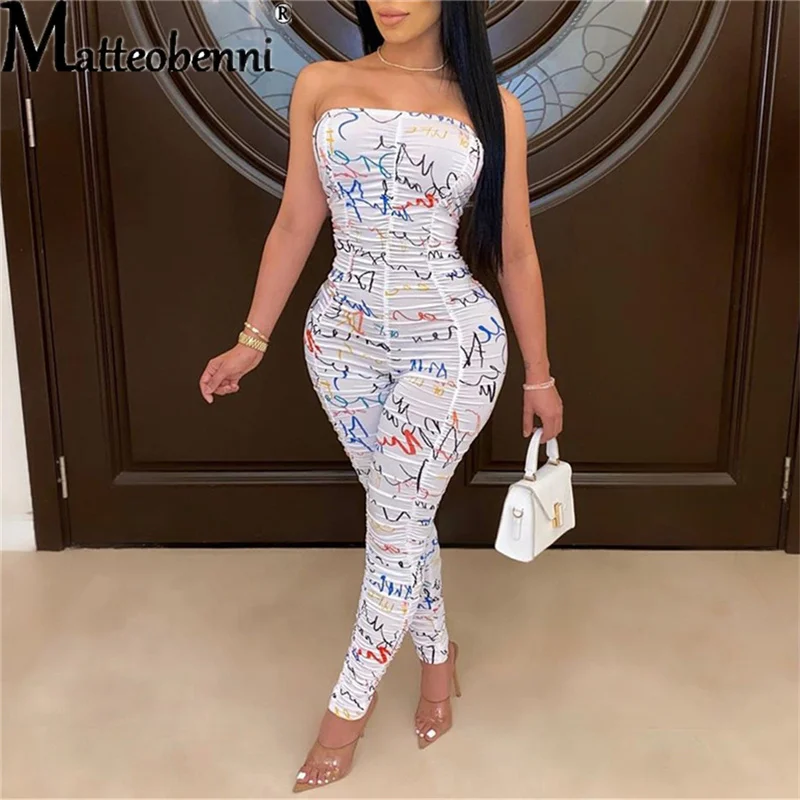 2021 Summer Women Fashion Printing Folds Strapless Tube Top Sleeveless Slim Drape Street Rompers Sexy Night Club Party Jumpsuit