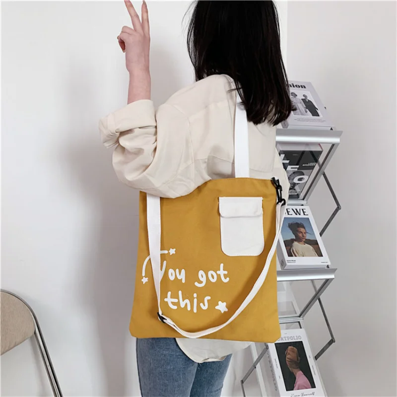 Large Capacity Canvas Crossbody Bags for Women Shoulder Bag with Letter Printing Simple Portable Shopping